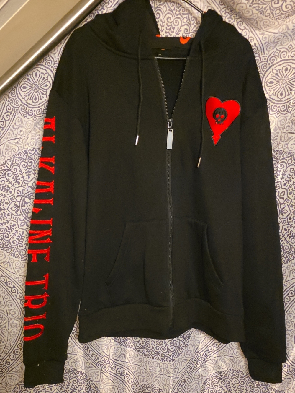 Alkaline Trio Black Zip Hoodie with Red Heart Skull Patch From Show New